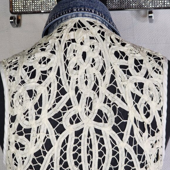 Indigo Thread Denim Button Front Cream Crochet Back Cotton Poly Span Vest Size S - Picture 12 of 16